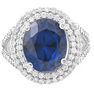 Pompeii3 6 1/5 Ct Diamond Oval Blue Sapphire Diamond Double Halo Ring 10K White Gold - 1 of 4