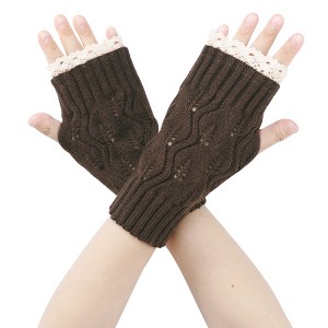 INSPIRE CHIC Women's Knit Lacework Wrist Thumb Hole Half Finger Sleeves Gloves for Christmas Windproof 1 Pair - 1 of 4