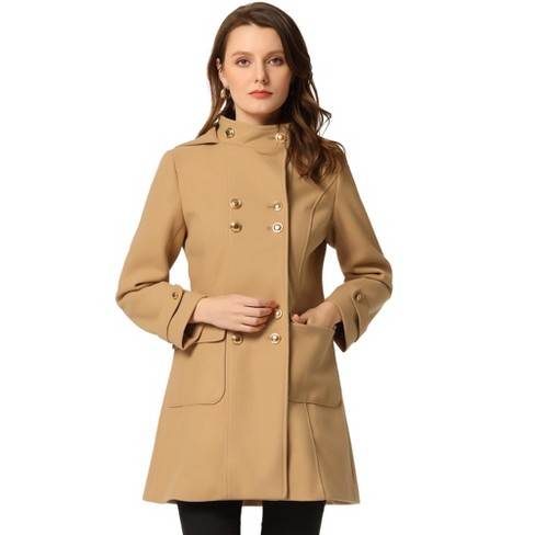 Allegra K Women's Stand Collar Double Breasted Hoodie Outerwear Winter Coat  Khaki Medium