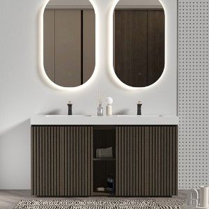 GDFStudio Grimsley Freestanding 59" Smoked Oak Wood Bathroom Vanity with Double Sink - 1 of 4