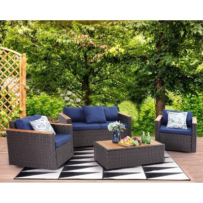 4pc Outdoor Acacia Wood/Rattan Conversation Set with Sofa & Cushions - Captiva Designs