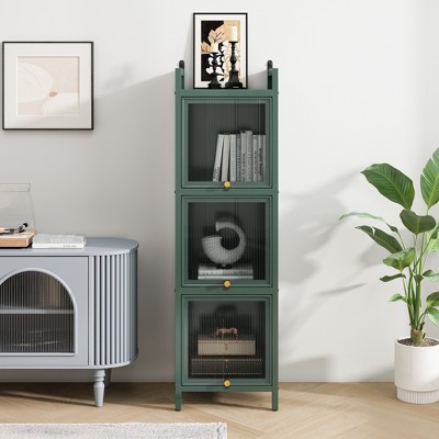 VYNXARIA Modern Dark Green Three-Tier Glass Door Storage Cabinet