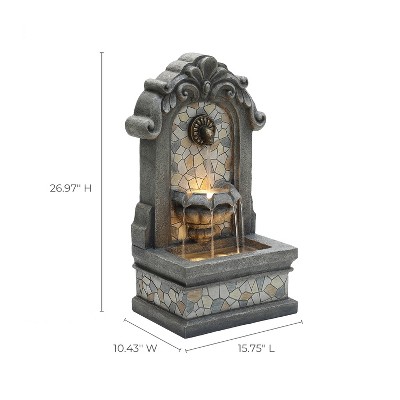 LuxenHome 27" Gray Resin Mosaic Tile Outdoor Water Fountain with Lights