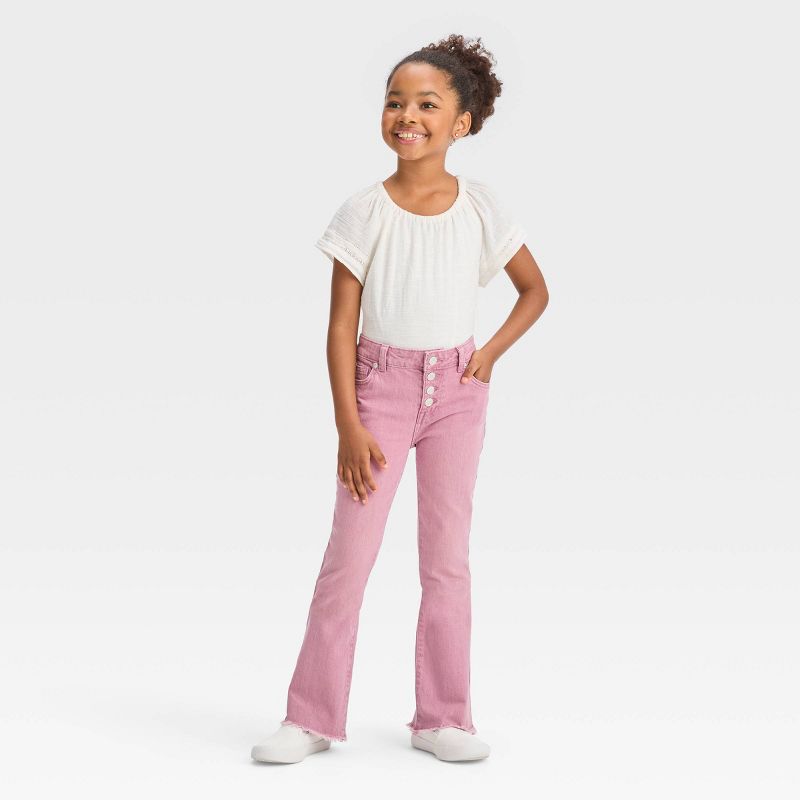 Girls' Mid-Rise Button Fly Flare Jeans - Cat & Jack™ Pink, 4 of 5