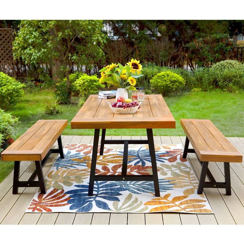 3pc Acacia Patio Dining Set with 2 Benches - Teak - Captiva Designs, 4 of 13