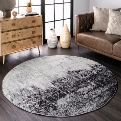 Alayna Black and Ivory Round Abstract Synthetic Rug, 5 ft