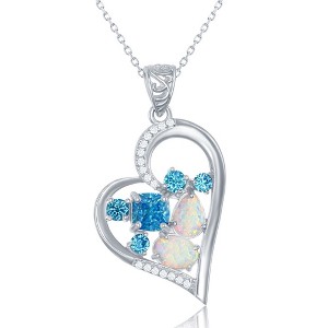 Opalata Sterling Silver Multi-Shaped Blue CZ & White Opal with CZ Border Heart 18" Pendant Necklace - Multi - 1 of 2