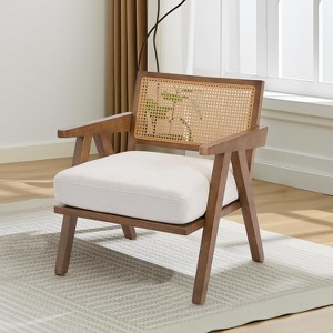 Mid Century Modern Accent Chair, Comfy Living Room Chairs with Sturdy Wood Legs, Rattan Backrest & Beige Thick Linen Cushion Armchair - 1 of 4