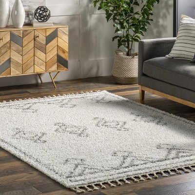 Braided White Shag Rectangular Easy Care Synthetic Rug
