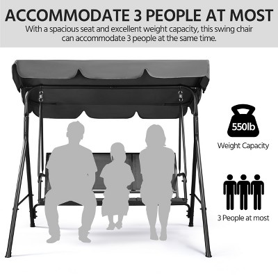 Gray Metal 3-Seat Outdoor Patio Swing Chair with Adjustable Canopy