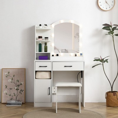 Vanity Desk Set Including Table With Large Lighted Mirror, Dressing Table With 2 Drawers, Storage Cabinet And Upholstered Stool, White