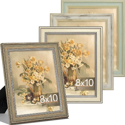 Attop 8x10 Picture Frame Set of 4, Vintage Photo Frame for Wall or Tabletop, Display 5x7 Pictures with Mat or 8x10