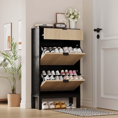 Shoe Storage Cabinet with 2 Flip Drawers & Large Drawer, Farmhouse Fluted Shoe Organizer with Metal Legs