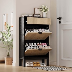 Shoe Storage Cabinet with 2 Flip Drawers & Large Drawer, Farmhouse Fluted Shoe Organizer with Metal Legs - 1 of 4