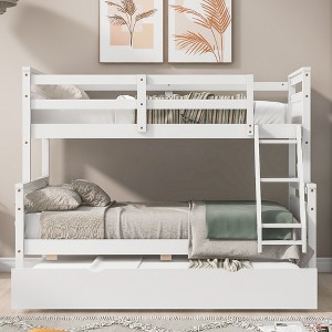 XIYUYEU Twin over Full Bunk Bed Pine Triple Bed Frame with Trundle and Inclined Ladder, White - 1 of 4