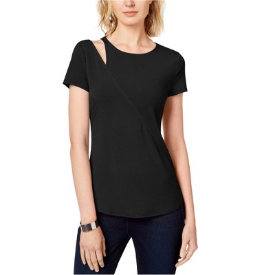 I.N.C International Concepts Womens Cutout Shoulder Basic T-Shirt, Black, Small