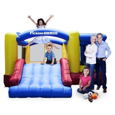 Picasso-TILES Outdoor Inflatable Bounce House Slide and Dunk w/ Jumping Area Playhouse, Toys for Kids 3+
