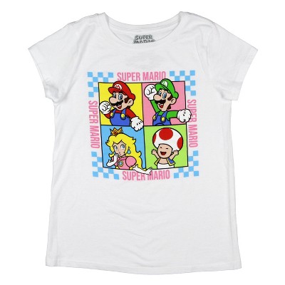 Super Mario Girls Checkered Grid Character Panel Kids T-Shirt