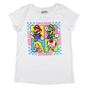 Super Mario Girls Checkered Grid Character Panel Kids T-Shirt - 1 of 3