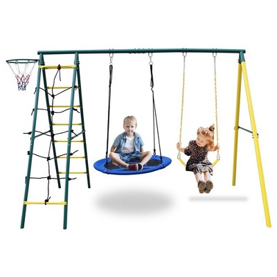 Swing Set for Backyard, Metal 400lbs Swing Frame Multifunctional Swing Set with Ladder and Basketball Hoop, Outdoor Playground Equipment Gift for Kids