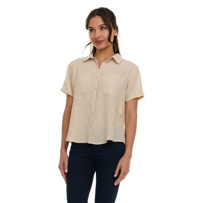 Super Triple Goose Women’s Short Sleeve Linen Shirt – Lightweight Button-Up Collared Blouse with Front Pockets