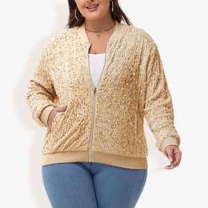 Anna-Kaci Women's Plus Size Sequin Zip-Up Bomber Jacket with Pockets - 1 of 4