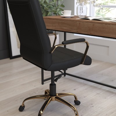Elegant High-Back Black Faux Leather Office Chair with Gold Accents