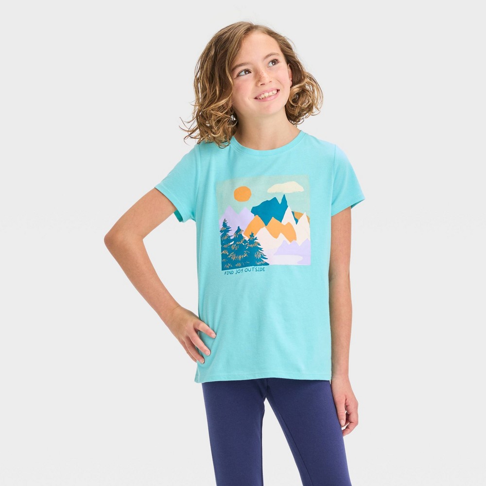 Girls' Short Sleeve 'Mountains' Graphic T-Shirt - Cat & Jack™ Aqua Blue Sizes ((2XS -6S -7M  -6 L -3XL ))Kid’s 