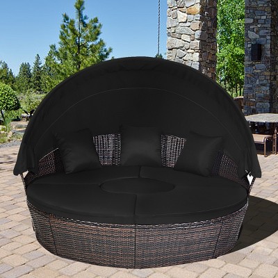 Tangkula Cushioned Patio Rattan Round Daybed w/ Adjustable Table 3 Pillows Black