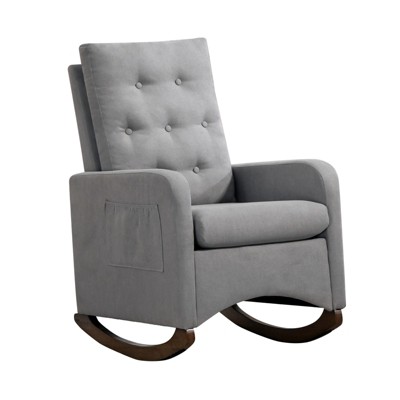 Upholstered Rocking Chair, Fabric Comfy Accent Armchair Chair with Rubber Wood Legs, High Backrest and Side Pocket for Living Room