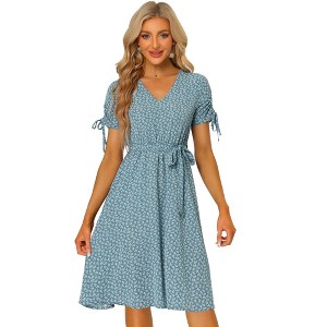 Allegra K Women's V-Neck Short Tie Cuffs Belted Waist A-Line Floral Dress - 1 of 4