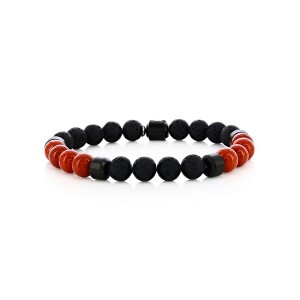 Metallo Stainless Steel, 8mm Genuine Bead Bracelet - Lava Stone & Red Fossil - Black - 8.5 Inch - 1 of 3