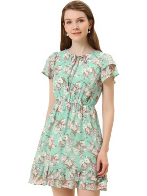 INSPIRE CHIC Women's Ruffle Sleeve Self-Tie V Neck Mini A-Line Floral Dress