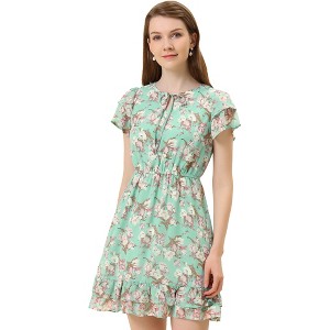 INSPIRE CHIC Women's Ruffle Sleeve Self-Tie V Neck Mini A-Line Floral Dress - 1 of 4