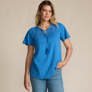 Lands' End Women's Slub Flutter Sleeve Lace Trim Notch Neck Tunic Top - 1 of 4