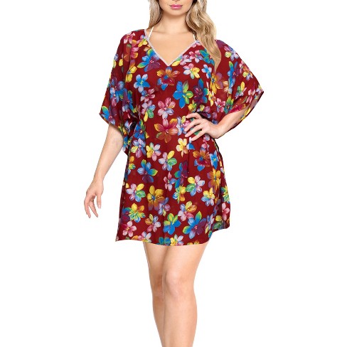 LA LEELA Women's Vacation Mini Swimwear Bathing Suit Summer Loose Beach Wear Swimsuit Cover Ups for Women Medium-Large Red, Floral - image 1 of 3