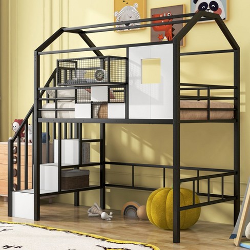 NicBex Twin Size Bunk Bed Classic House Shape Metal Frame Bed Frame Loft Bed with Storage Stairs and Guardrails, No Box Spring Required - image 1 of 4