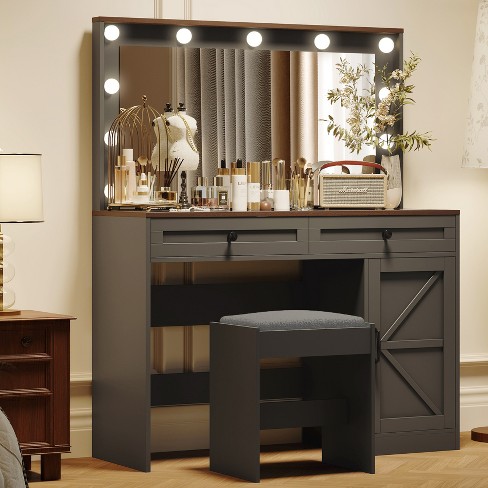 43.4"W Makeup Vanity Table with Large Mirror and 11 LED Light, Brightness Adjustable, Dressing Table Desk with 2 Drawers & Stool - ModernLuxe - image 1 of 4