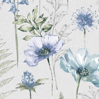 Blue and Green Floral Sketch Removable Wallpaper