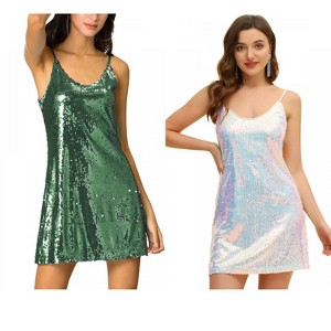 Allegra K Women's Glitter Sequin Spaghetti Strap V Neck Cocktail Sparkly Mini Dress 2 Packs - 1 of 4
