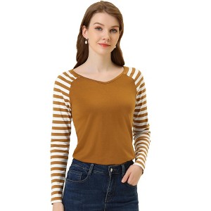 INSPIRE CHIC Women's Striped V Neck Long Raglan Sleeve T-Shirts - 1 of 4