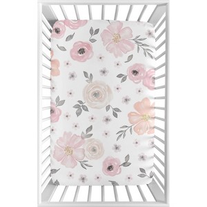 Sweet Jojo Designs Girl Baby Fitted Mini Crib Sheet Watercolor Floral Pink Grey and White - 1 of 4