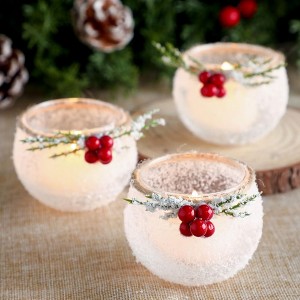 MOEPISY 6 Pcs Christmas Votive Candle Holders with Snowy and Red Berry Pine Leaves Xmas Glass Tealight Candle Holders - 1 of 4