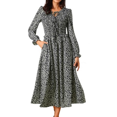 INSPIRE CHIC Women's Leopard Print Long Sleeve Tie V Neck Flowy Party Y2k Cheetah Dresses with Pockets