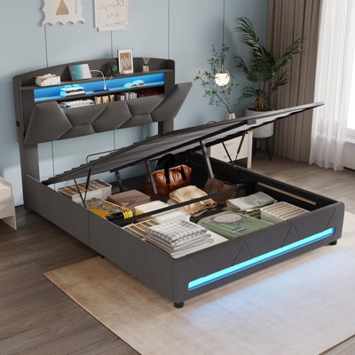 Lift Up Storage Bed Frame, Upholstered Platform Bed with Led Lights & Hydraulic Storage