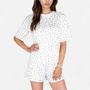 Anna-Kaci Lounge Women's Tiny Rose Print Crew Neck Pajama Set with Short Sleeves and Ruffle Trim Shorts - 1 of 4