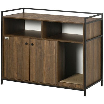 Brown Wood and Metal Freestanding Cat Litter Box Enclosure