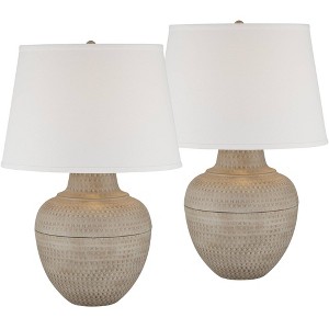 Barnes and Ivy Brighton 27 1/4" Tall Hammered Pot Farmhouse Rustic Table Lamps Set of 2 Brown Beige Finish Metal Living Room Bedroom White Shade - 1 of 4