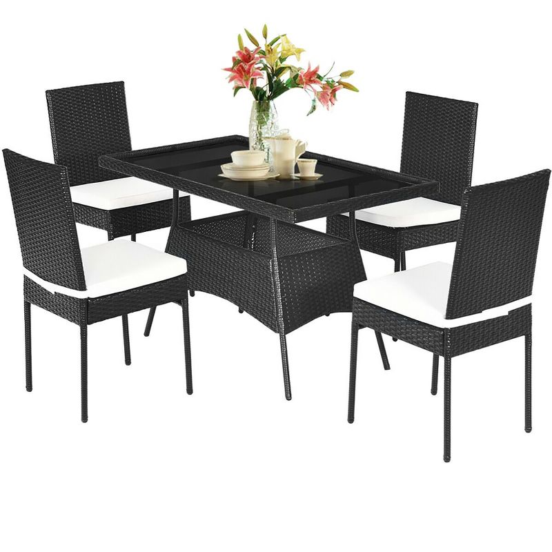 Costway 5PCS Patio Rattan Dining Set Cushioned Chair Table w/Glass Top Garden Furniture, 2 of 11