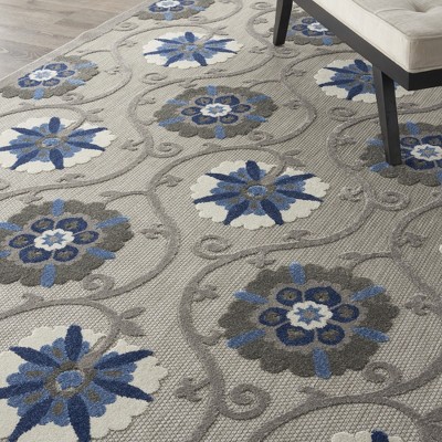 Aloha Floral Blue/Grey Synthetic 9'6" x 13' Indoor/Outdoor Rug